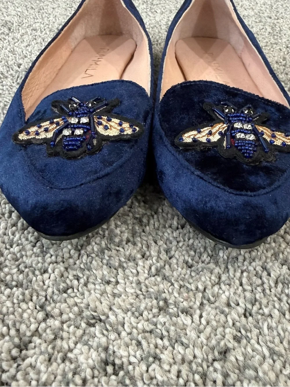 Pia Y Mila Blue Velvet Bee Embroidery Ballet Flats Whimsical Women’s 25.5 US 8.5